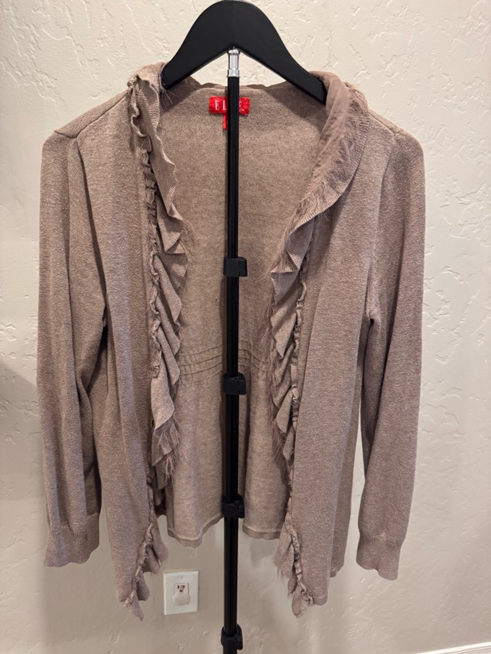 Elle Taupe Ruffle-Trim Open Cardigan